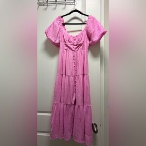All in Favor Pink Tiered Puff Sleeve Textured Midi Dress Size (S)